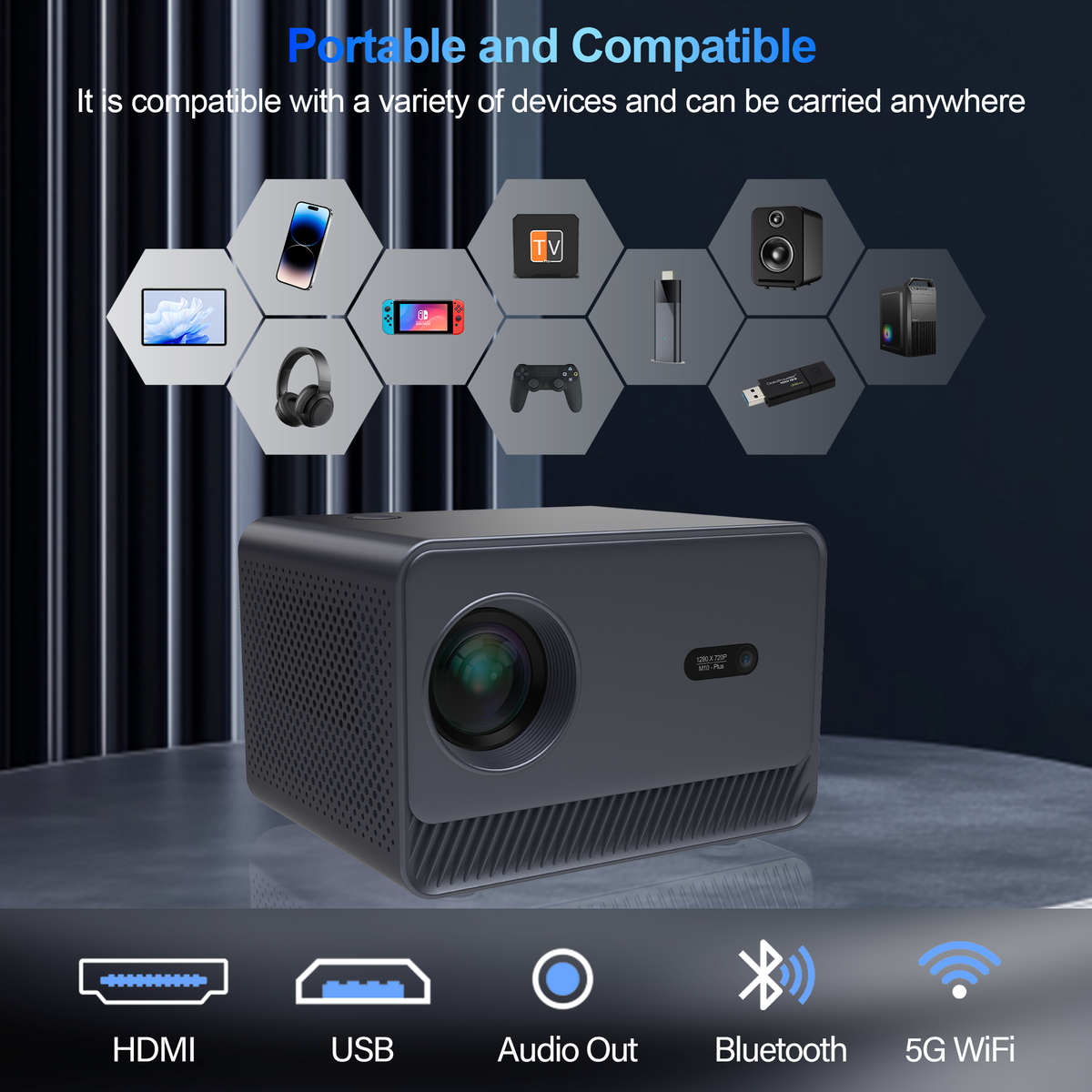 M10 Plus Smart Projector - Gunmetal | 1080P Home Theater, WiFi & Bluetooth