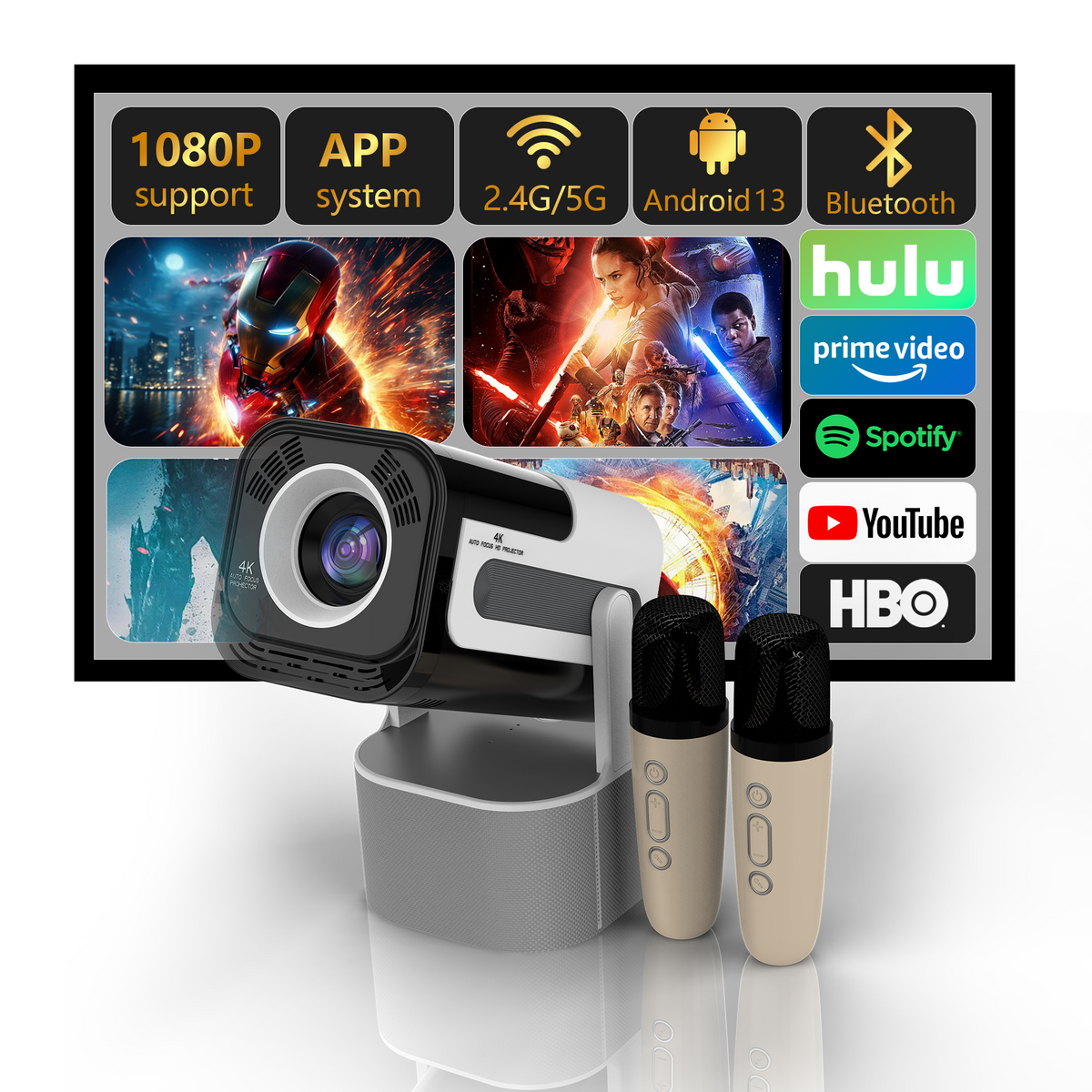 JY320 Plus Smart KTV Projector | 1080P Karaoke Home Theater with Mic