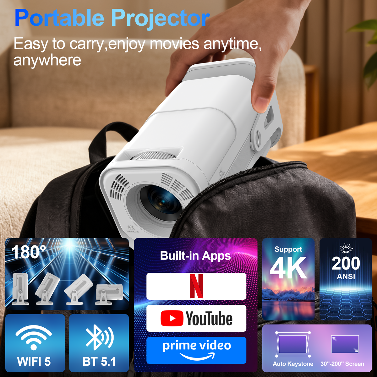 X15 Smart Mini Projector - White | Portable 720P Home Theater Projector