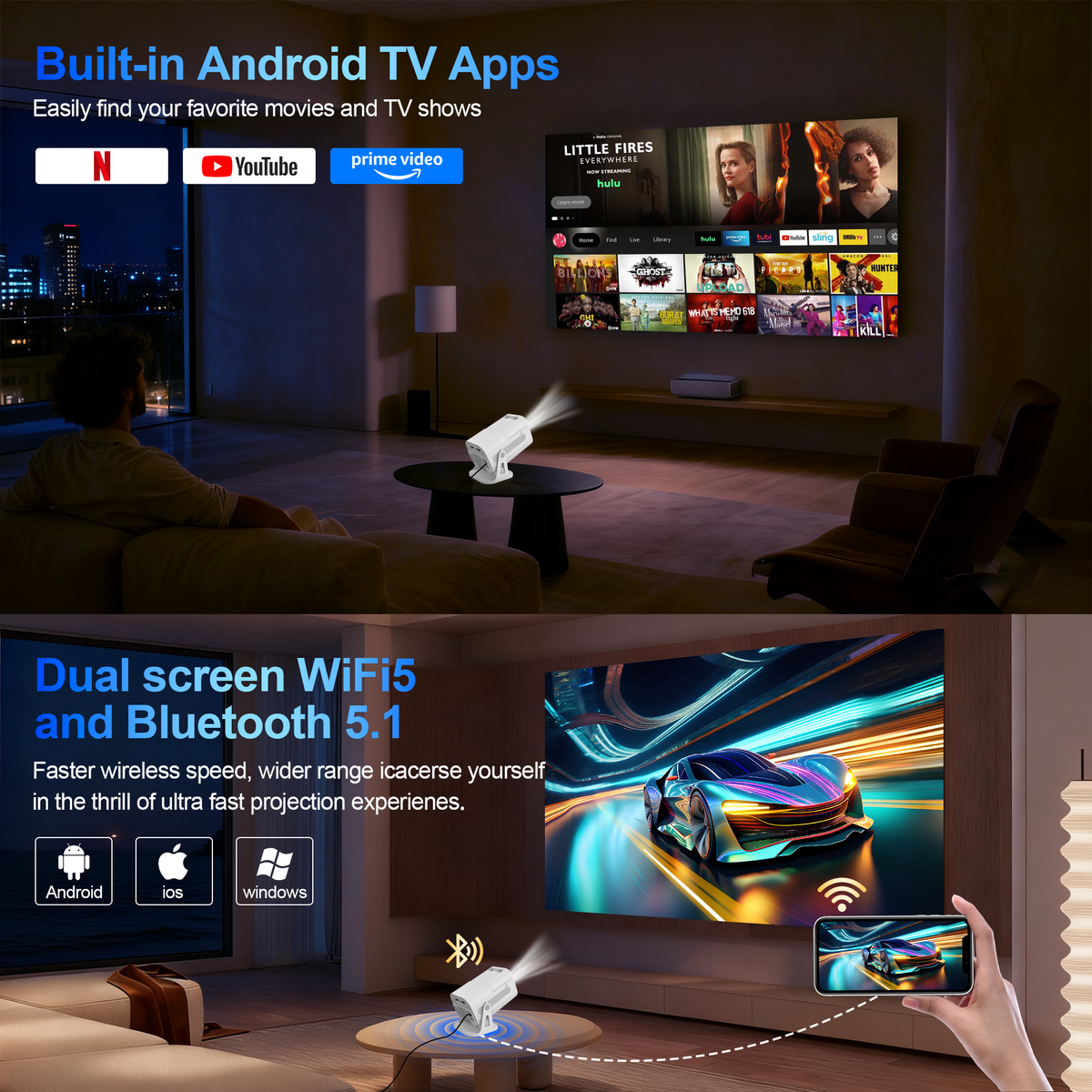 X15 Smart Mini Projector - White | Portable 720P Home Theater Projector