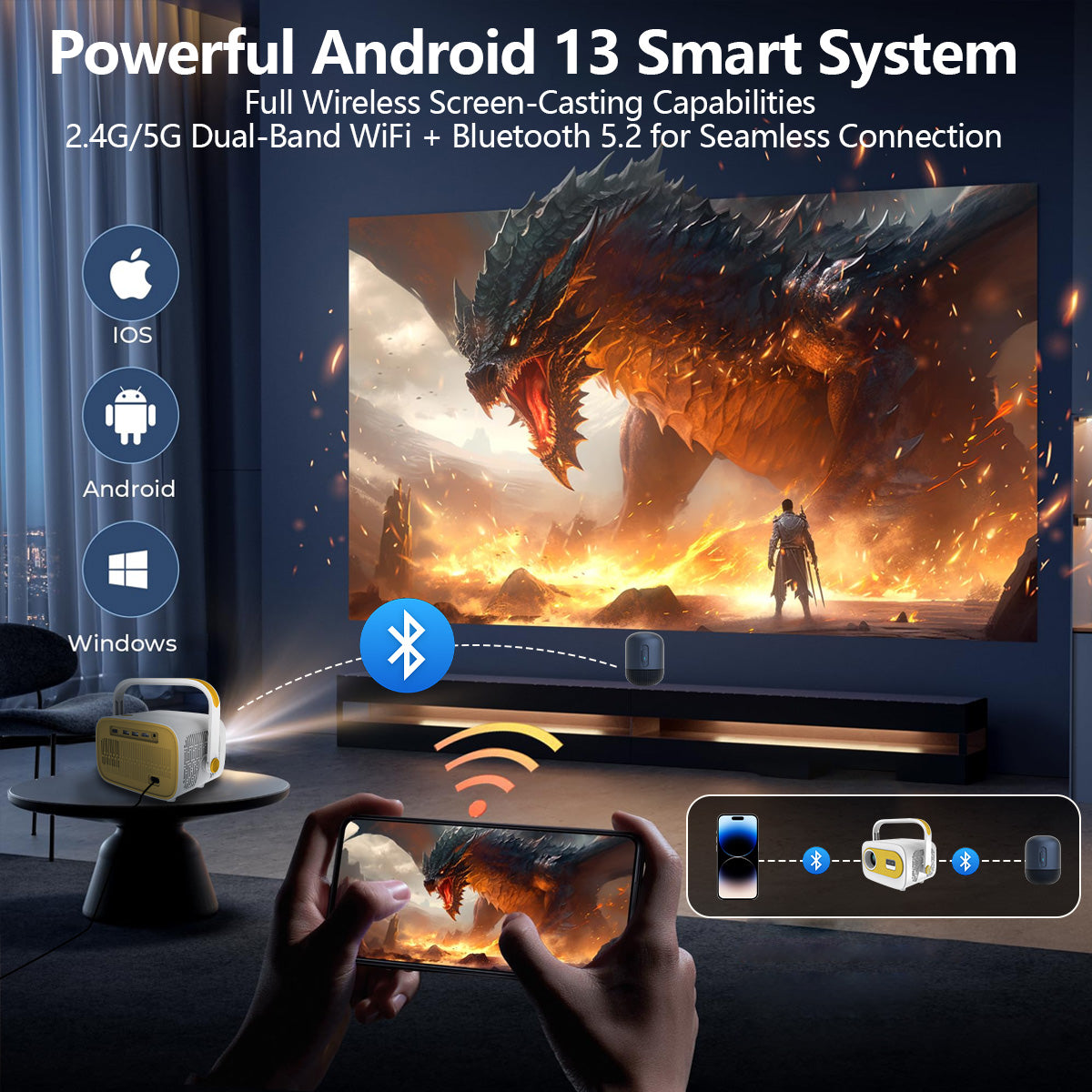 JY325 Smart Portable Projector | 1080P Home Cinema, WiFi & Bluetooth
