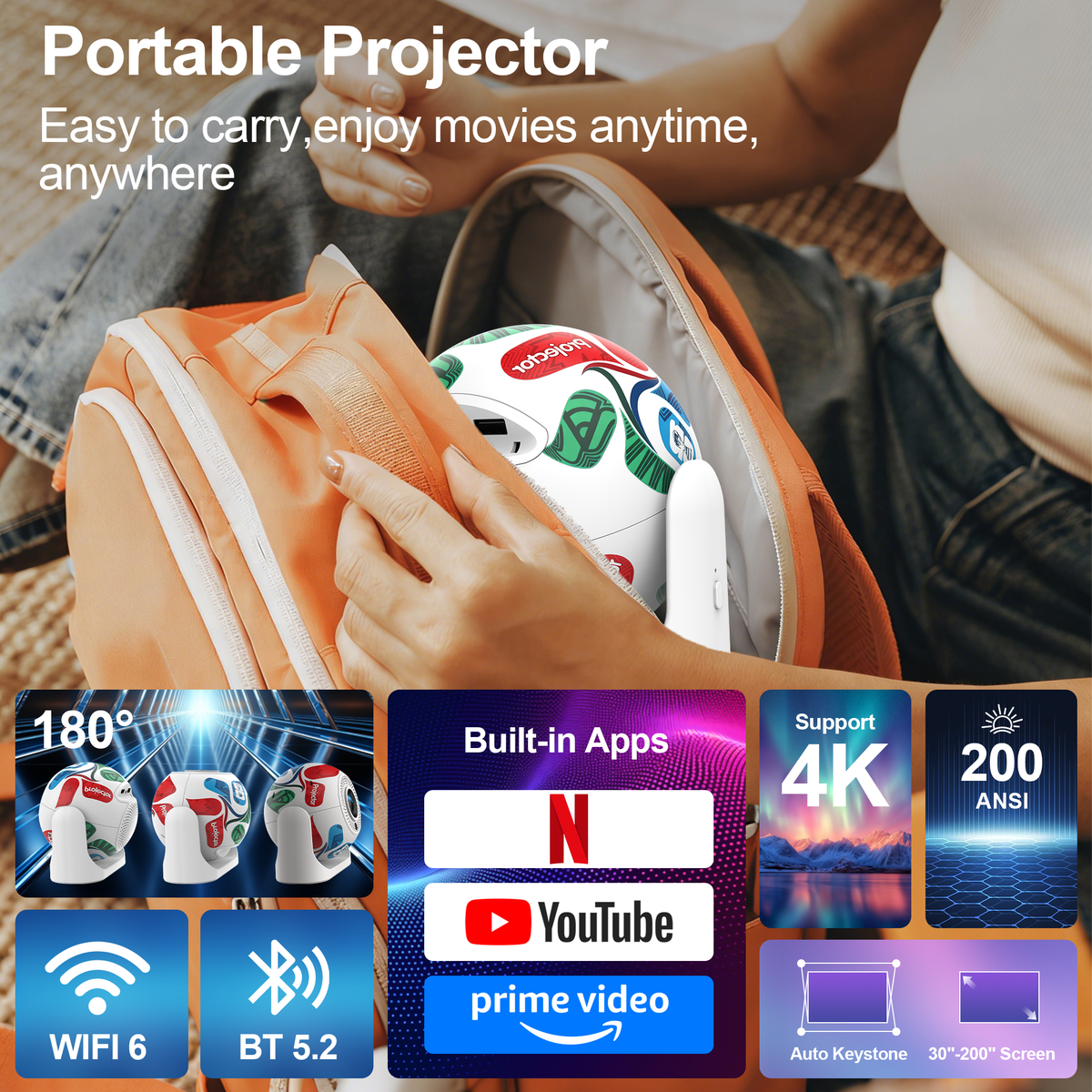 JY360 Smart Mini Projector - Color | Portable 720P Home Theater Projector