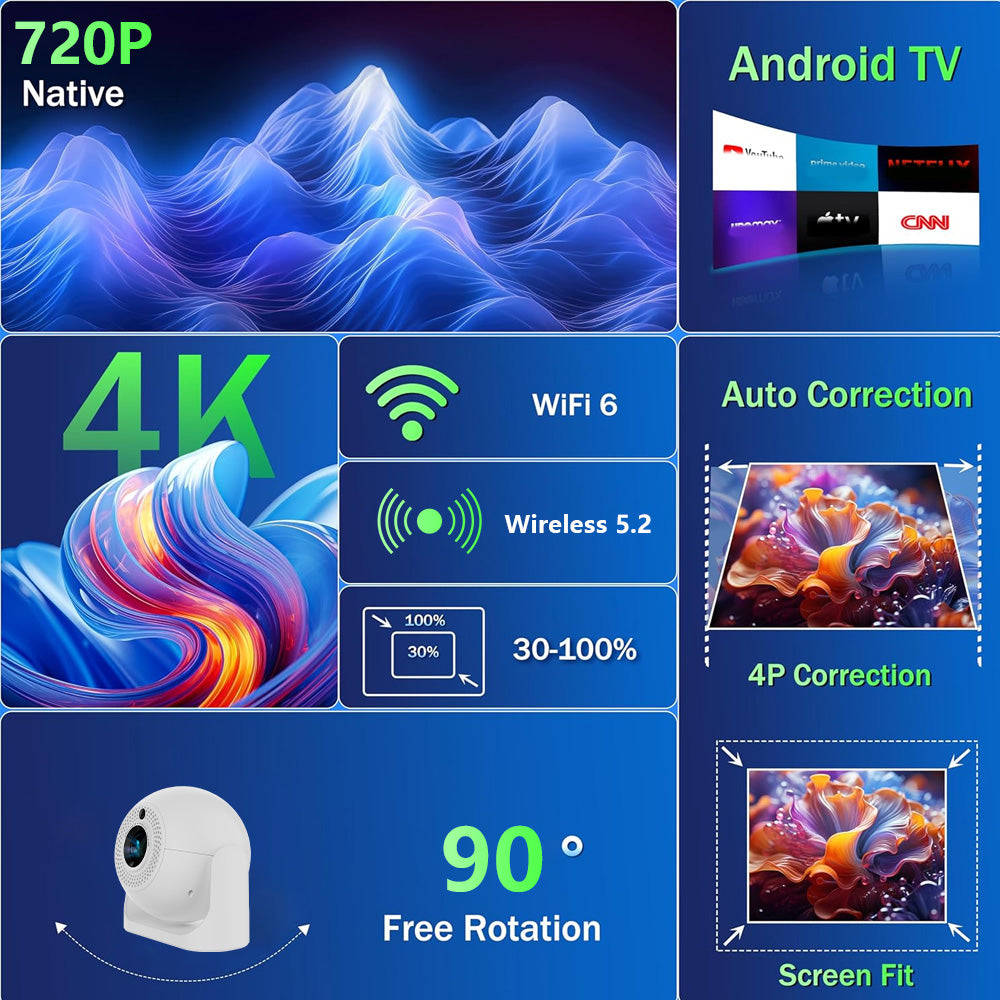 JY360 Smart Mini Projector - White | Portable 720P Home Theater Projector